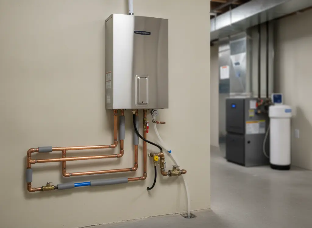 Tankless water heater mounted on a basement wall with neat copper piping