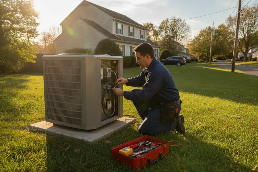 HVAC technician servicing an outdoor air conditioning condenser unit beside a home